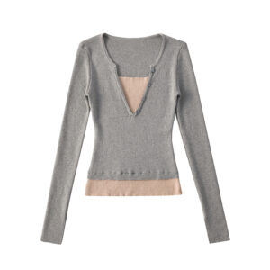 Colorblock Fake Two-Piece Long Sleeves