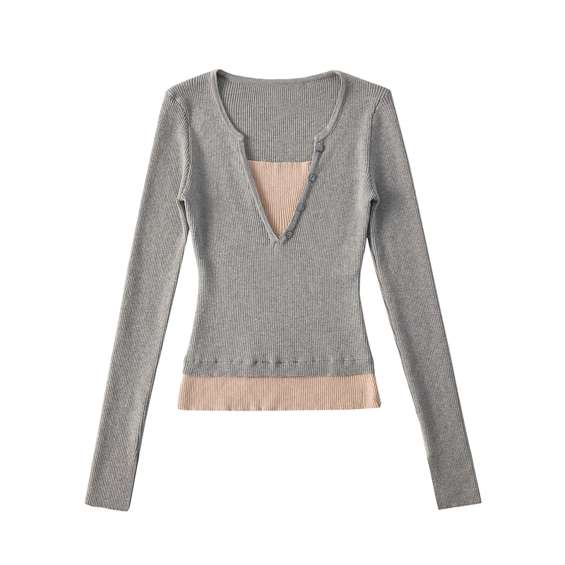 Colorblock Fake Two-Piece Long Sleeves